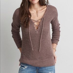AEO Brown Lace- Up Sweater